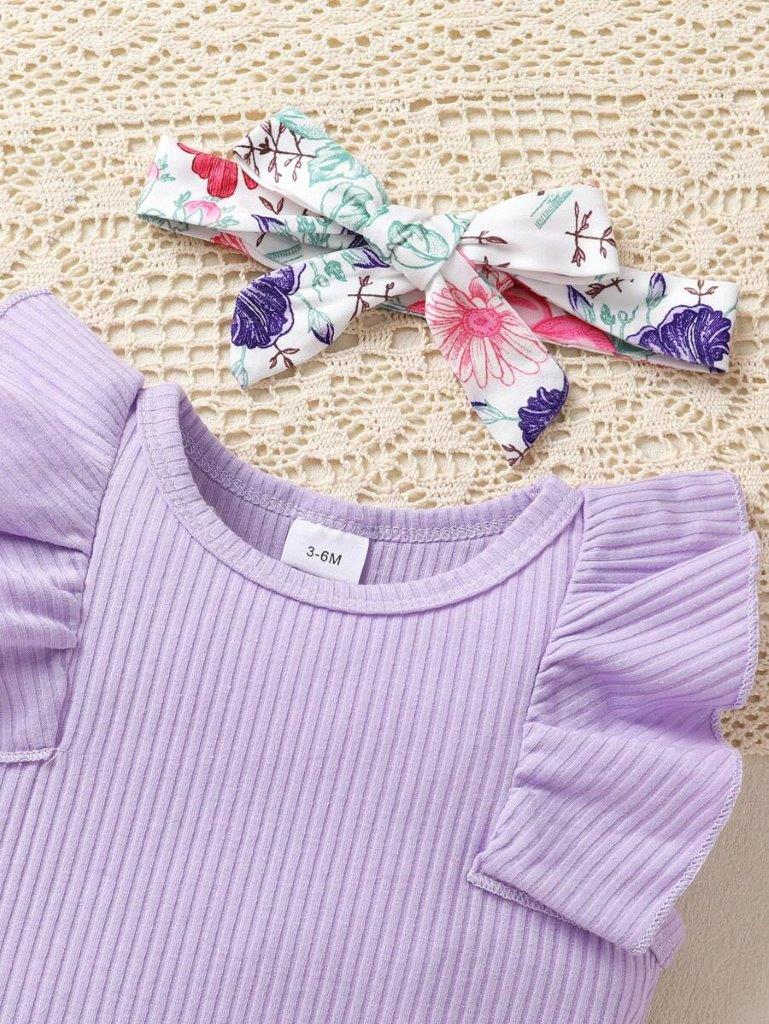 Baby Ribbed Ruffle bodysuit With Bow Shorts Set