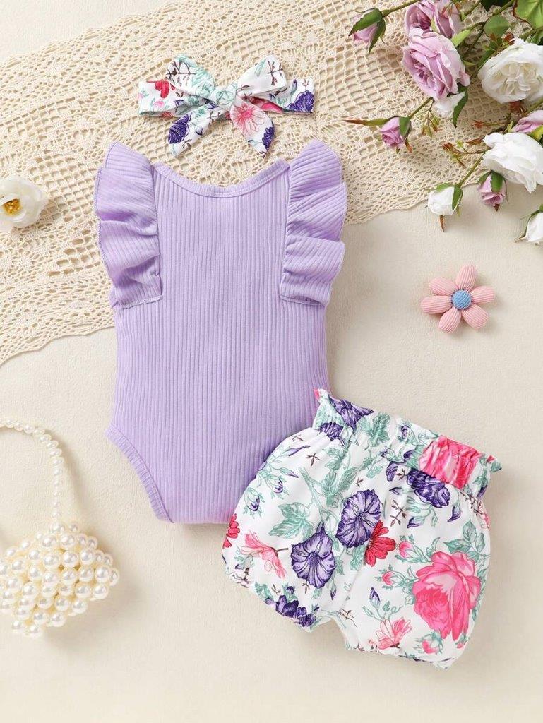 Baby Ribbed Ruffle bodysuit With Bow Shorts Set