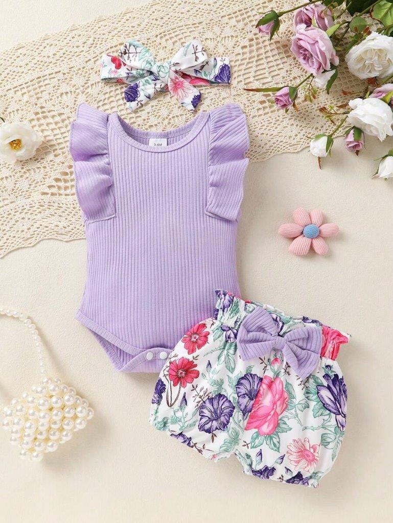 Baby Ribbed Ruffle bodysuit With Bow Shorts Set