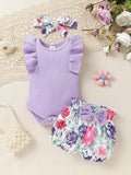 Baby Ribbed Ruffle bodysuit With Bow Shorts Set