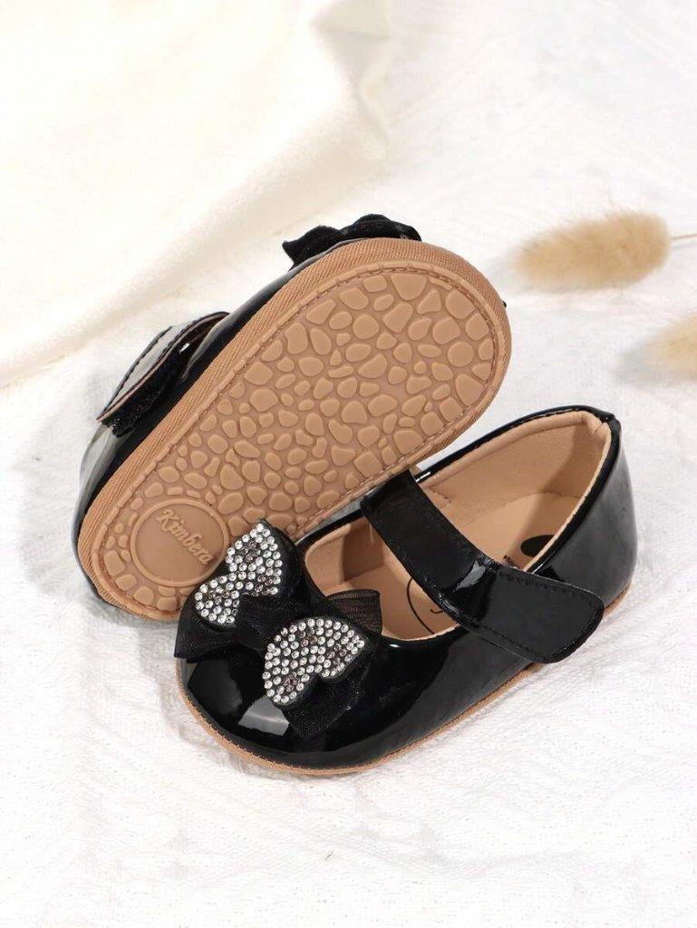 Baby Diamante Bow Shiny Shoes Black
