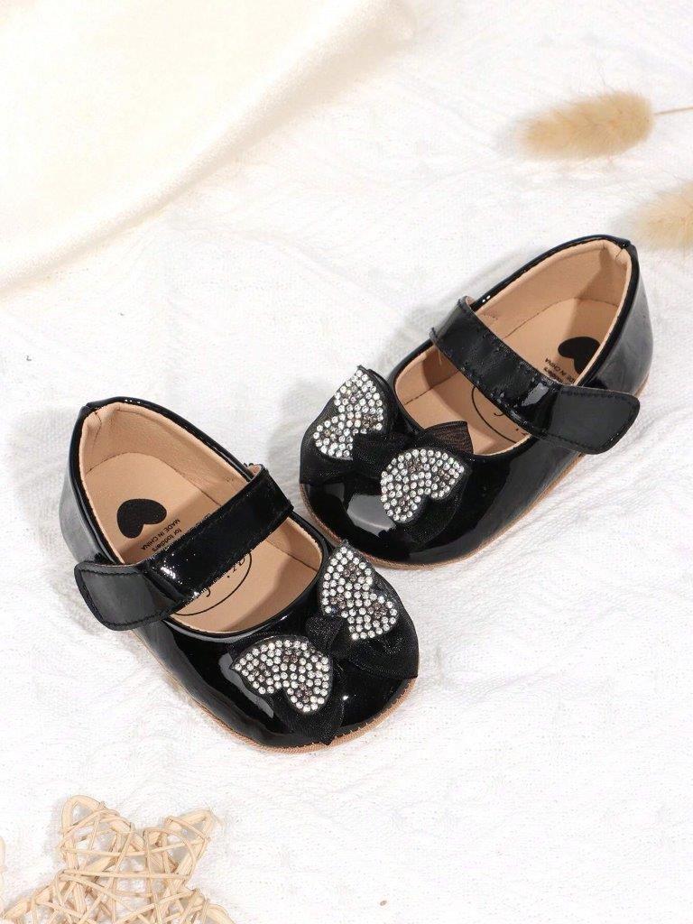 Baby Diamante Bow Shiny Shoes Black