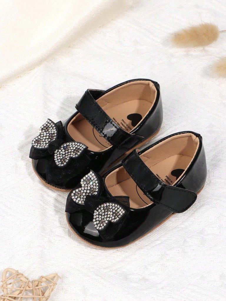 Baby Diamante Bow Shiny Shoes Black