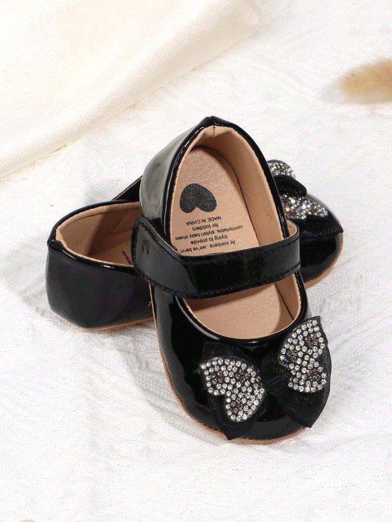 Baby Diamante Bow Shiny Shoes Black