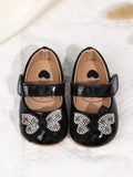Baby Diamante Bow Shiny Shoes Black