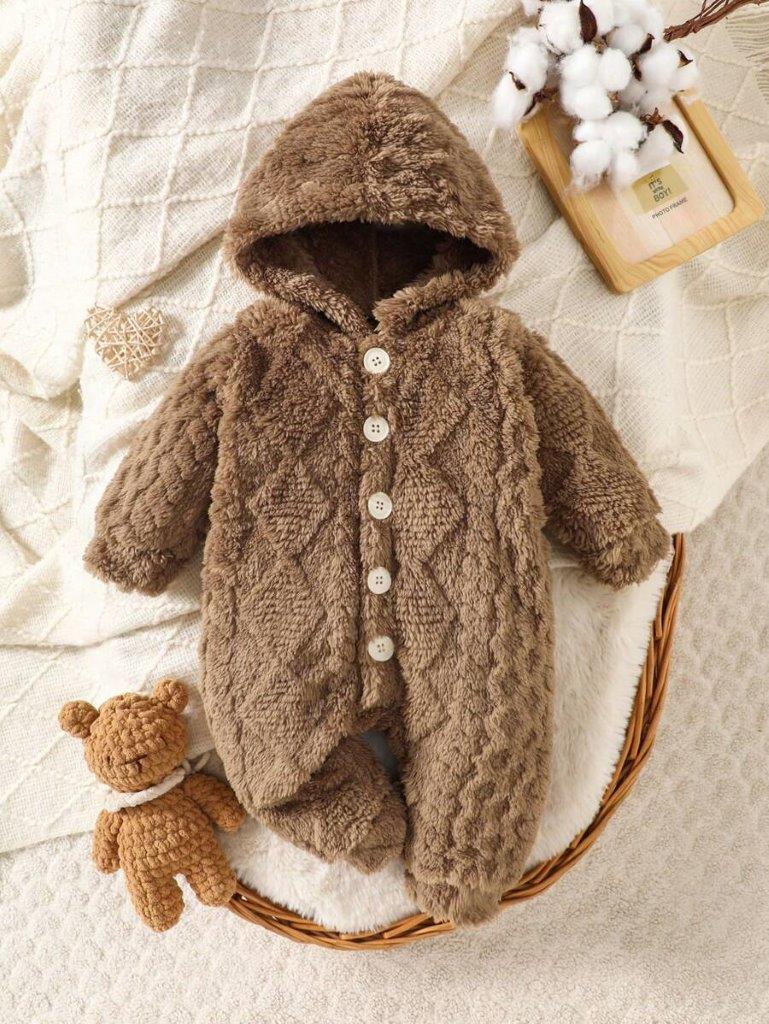 Baby Buttoned Hooded Teddy Jumpsuit