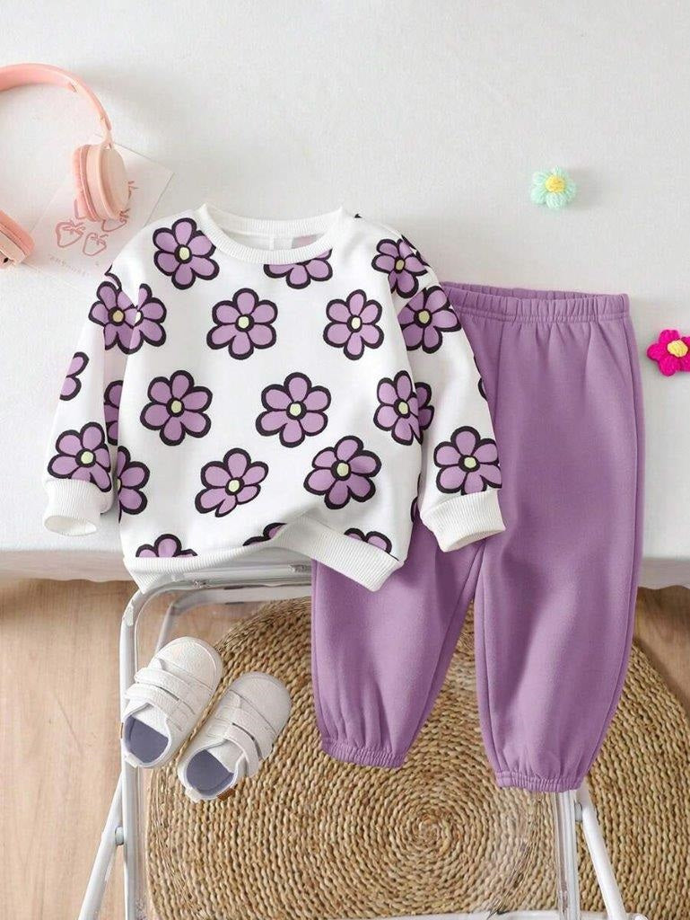Baby Flower Print Pullover And Pants Set