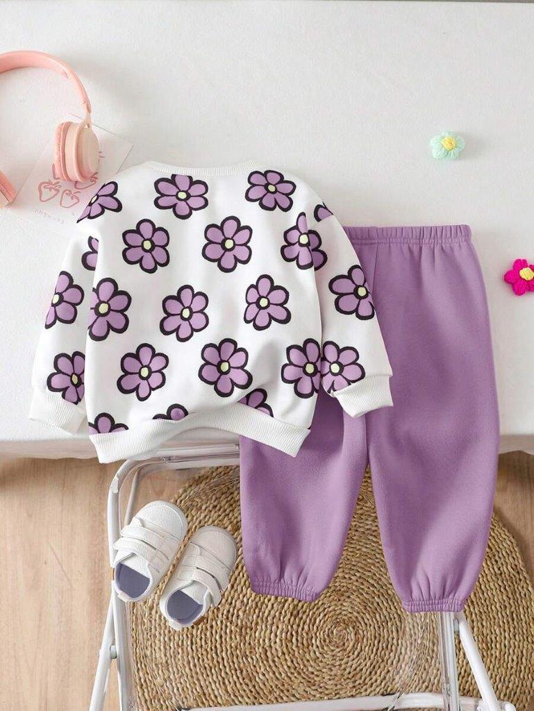 Baby Flower Print Pullover And Pants Set