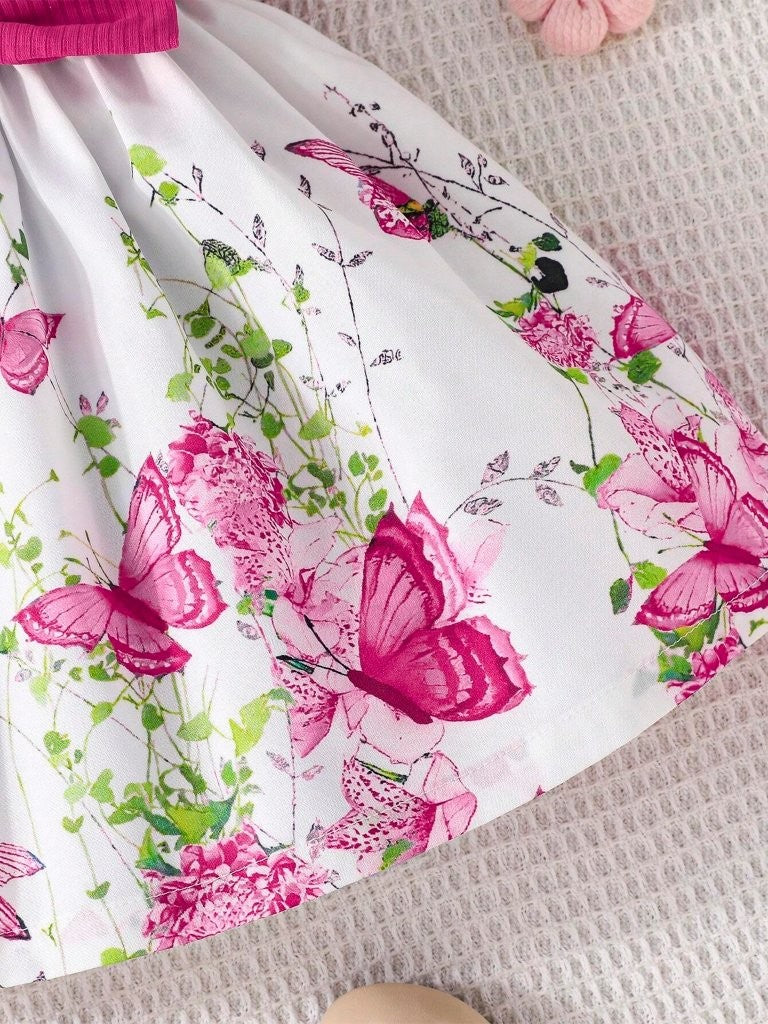 Baby Floral Butterfly Print Bow Dress Pink