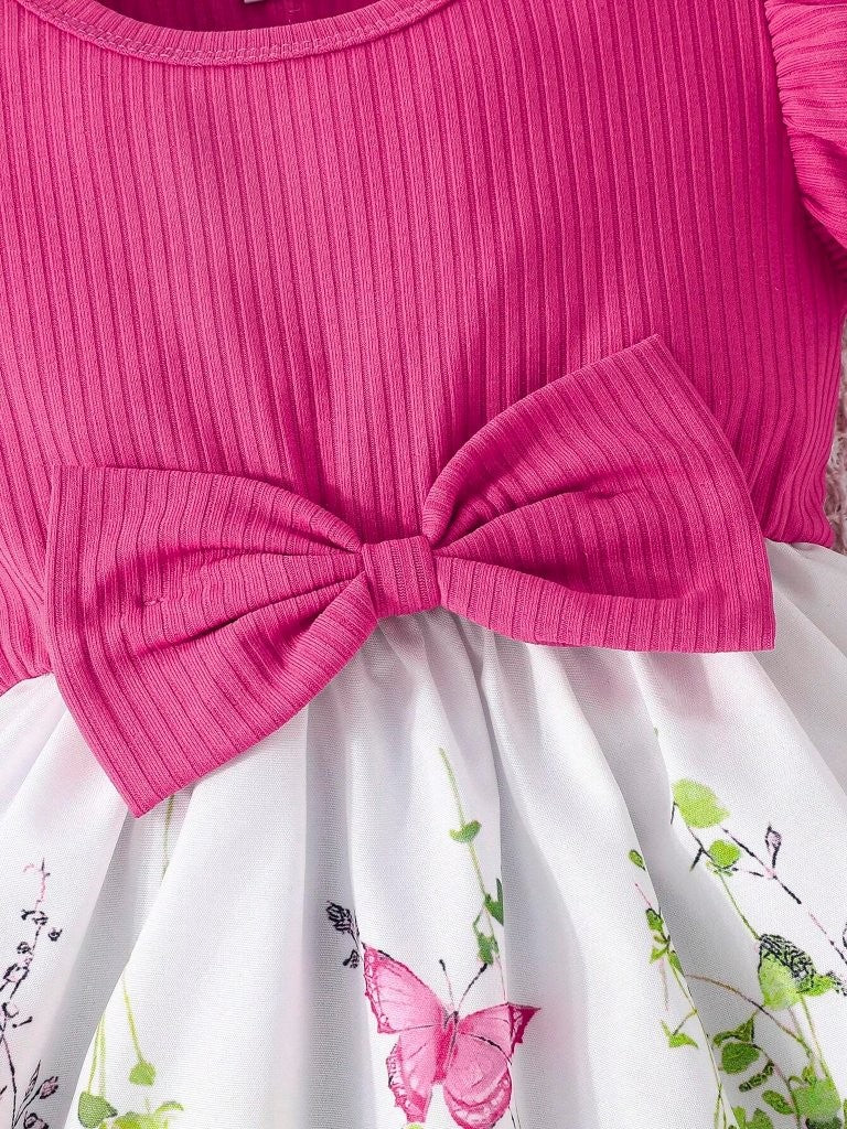 Baby Floral Butterfly Print Bow Dress Pink