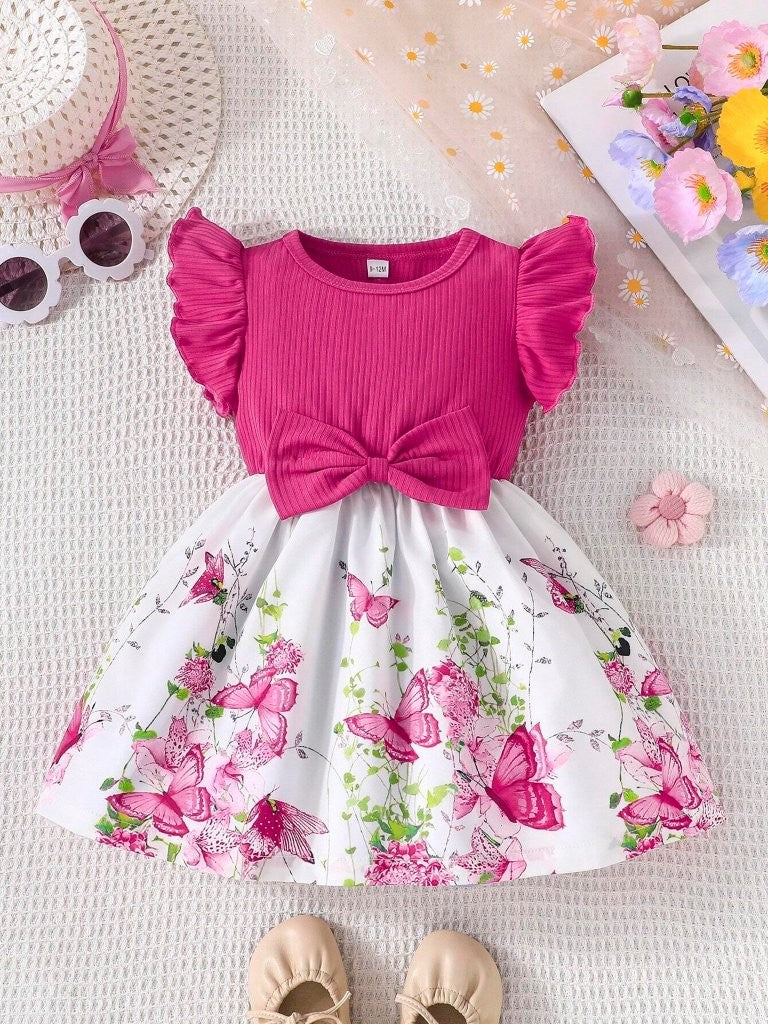 Baby Floral Butterfly Print Bow Dress Pink
