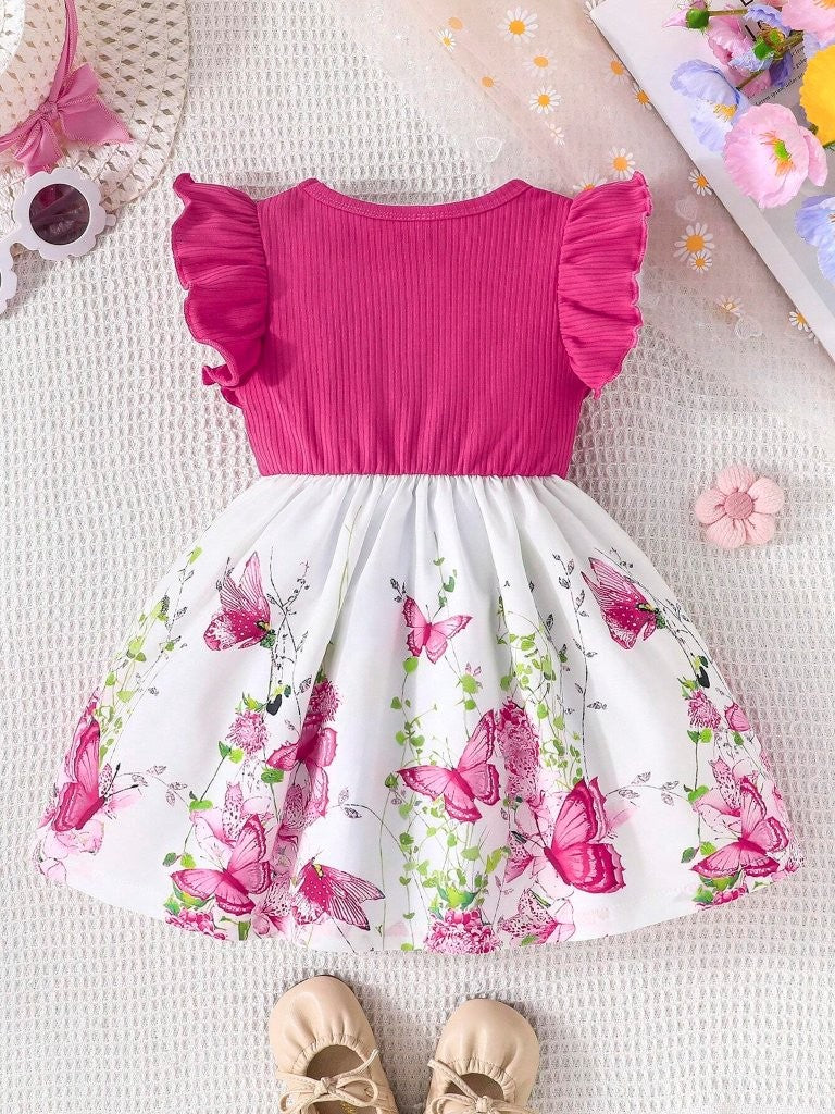 Baby Floral Butterfly Print Bow Dress Pink