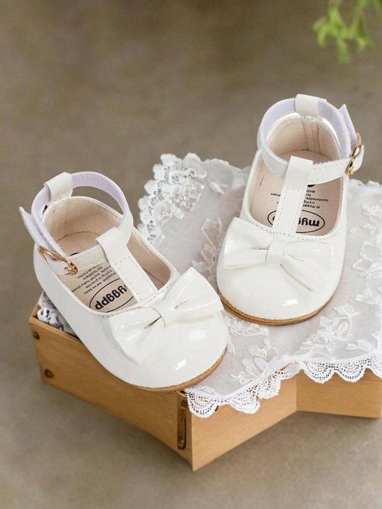 Baby White Ankle Strap Bow Shoes