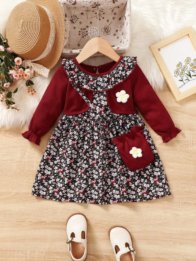 Baby Floral Print Frilled Collar Dress With Bag