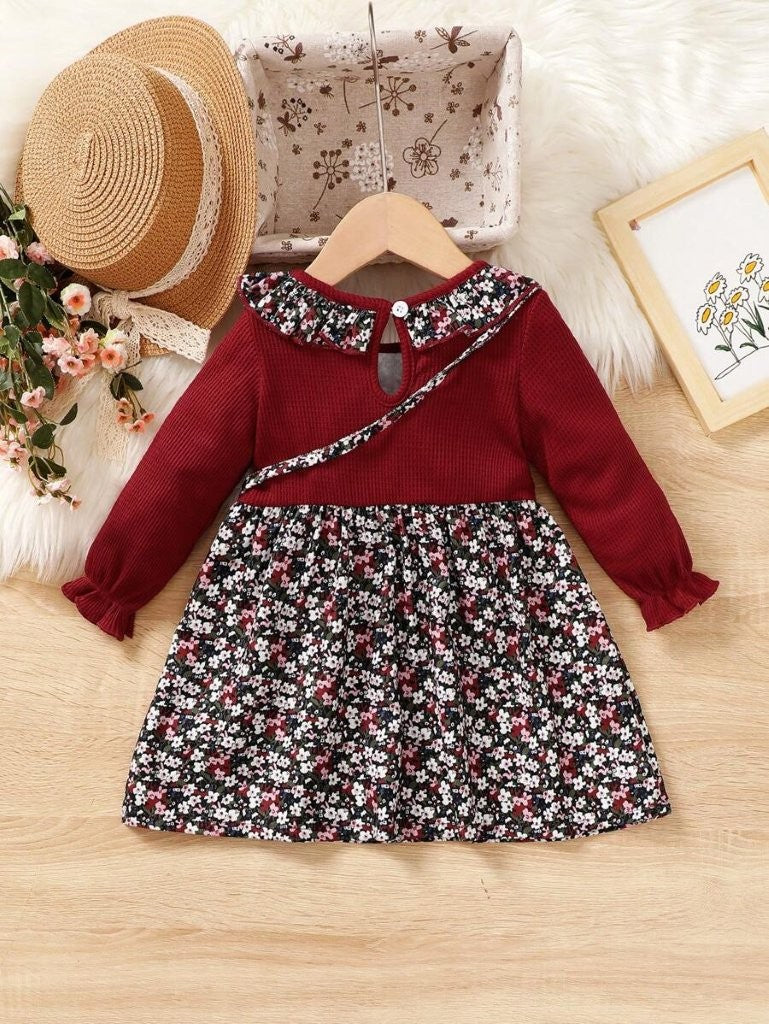 Baby Floral Print Frilled Collar Dress With Bag