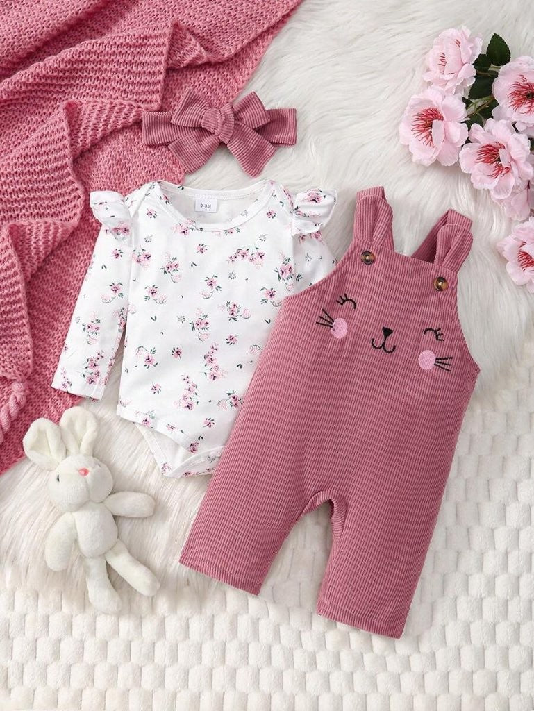 Baby Kitty Embroidered Jumpsuit And Floral Bodysuit Outfit