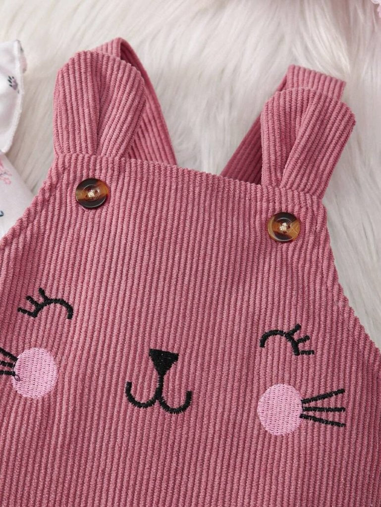 Baby Kitty Embroidered Jumpsuit And Floral Bodysuit Outfit