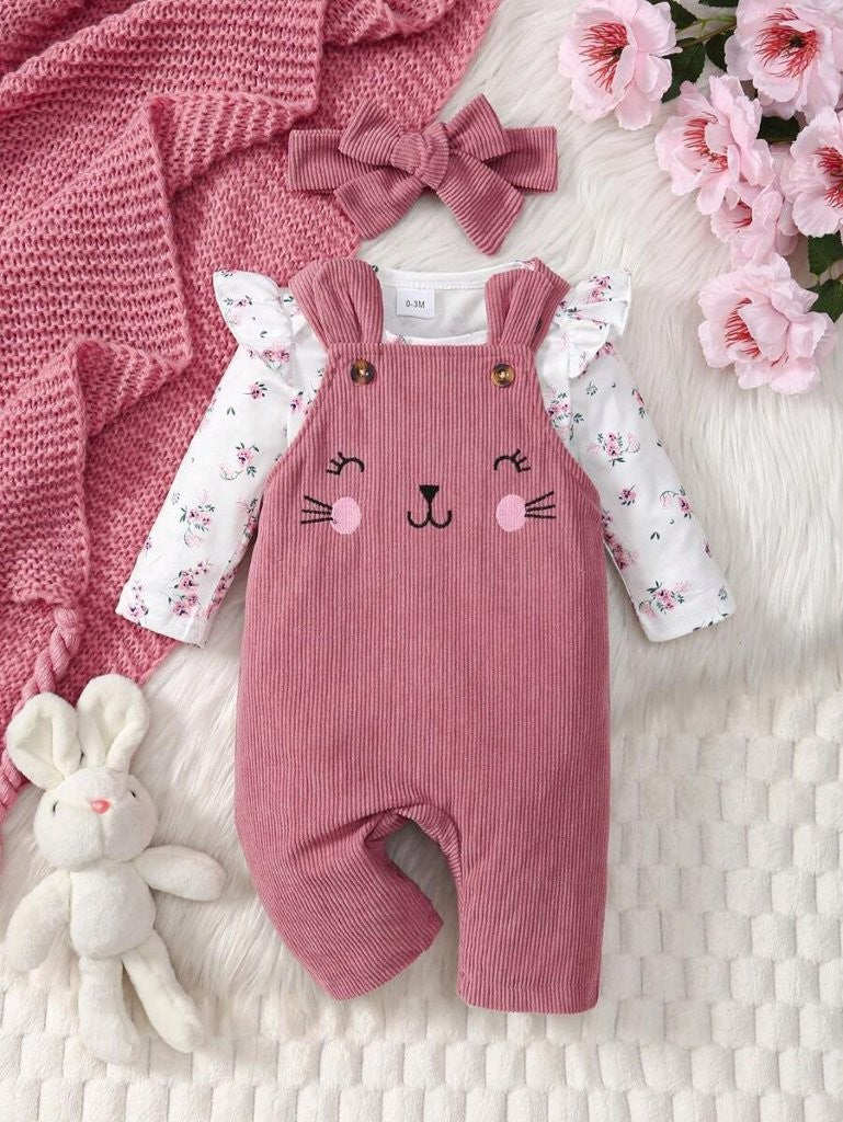 Baby Kitty Embroidered Jumpsuit And Floral Bodysuit Outfit