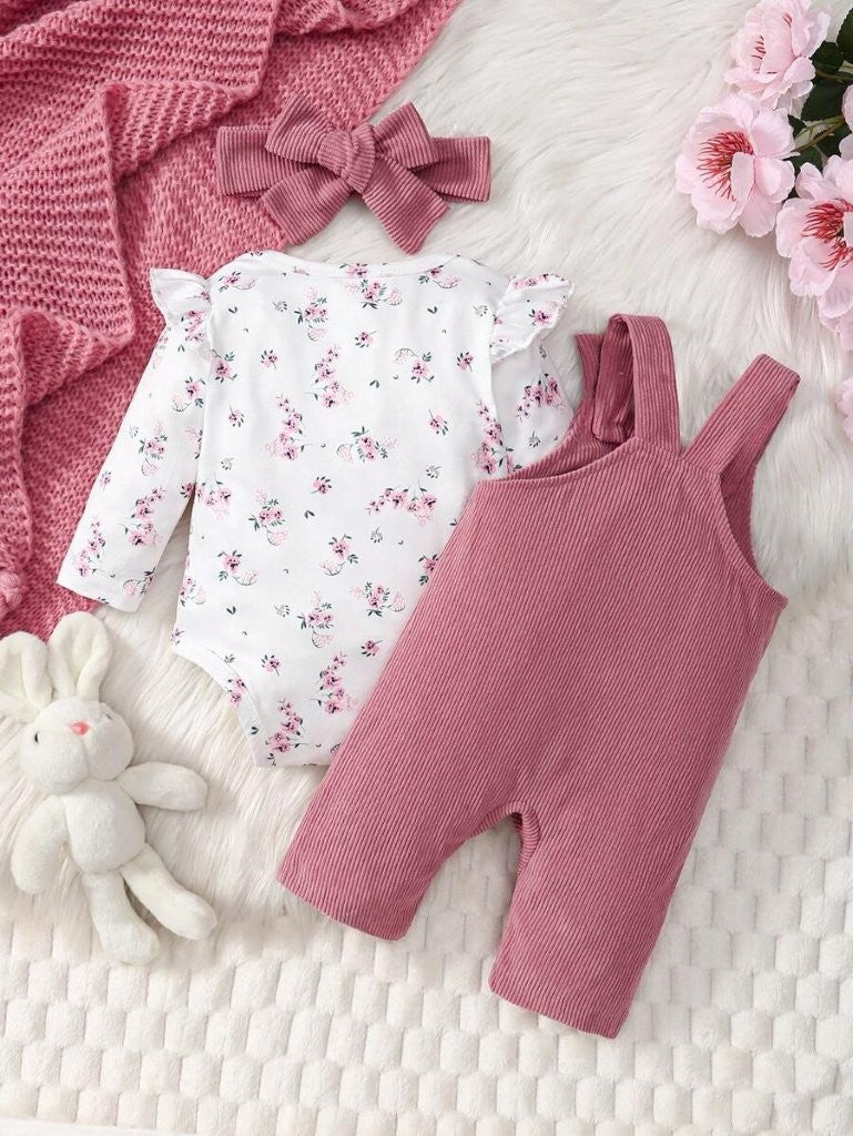 Baby Kitty Embroidered Jumpsuit And Floral Bodysuit Outfit