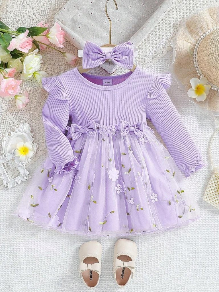 Baby Purple Embroidery Double Bow Dress Set
