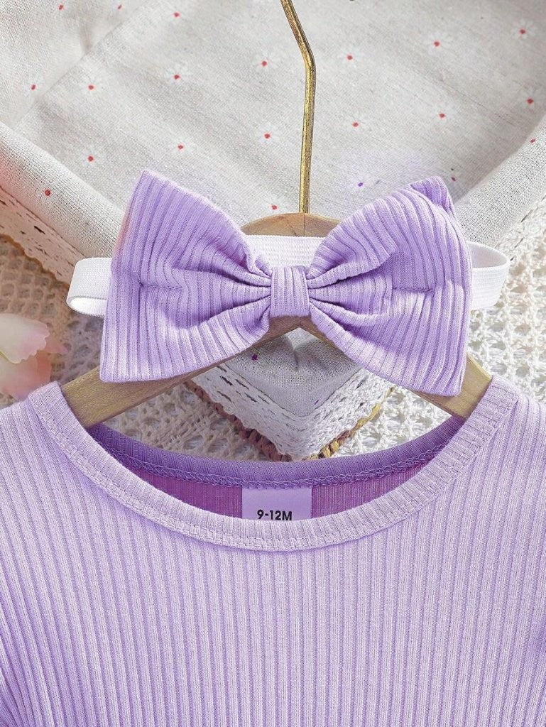 Baby Purple Embroidery Double Bow Dress Set
