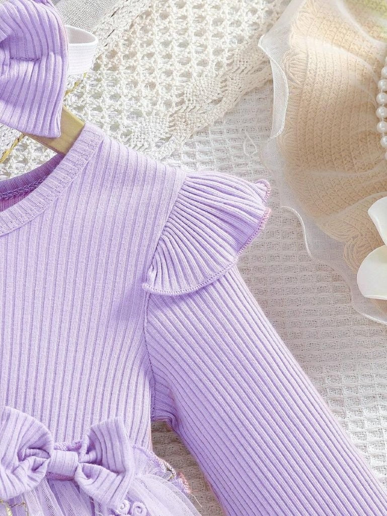 Baby Purple Embroidery Double Bow Dress Set
