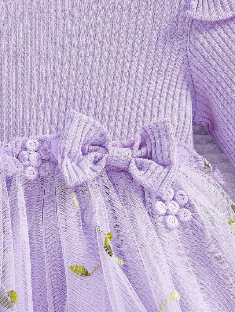 Baby Purple Embroidery Double Bow Dress Set