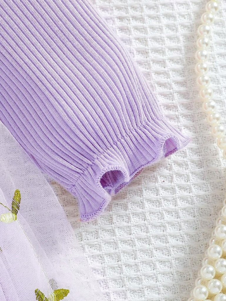 Baby Purple Embroidery Double Bow Dress Set
