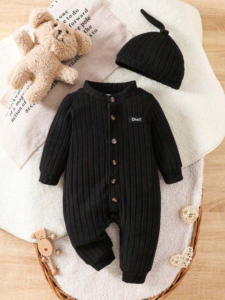 Baby Black Stripe Fleece Jumpsuit With Beanie