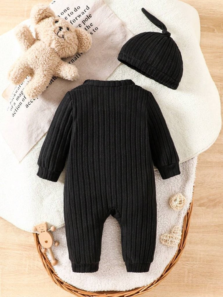 Baby Black Stripe Fleece Jumpsuit With Beanie