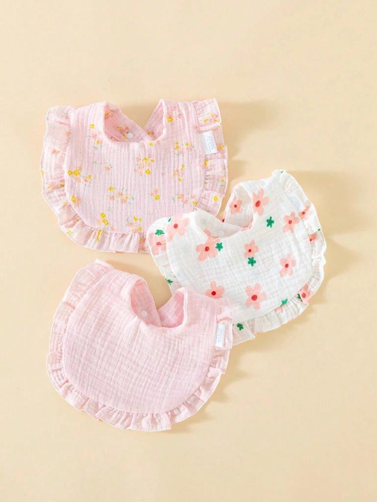 100% Cotton Stylish Ruffle Trim Bibs 3 Piece