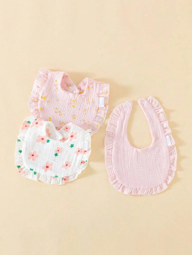 100% Cotton Stylish Ruffle Trim Bibs 3 Piece