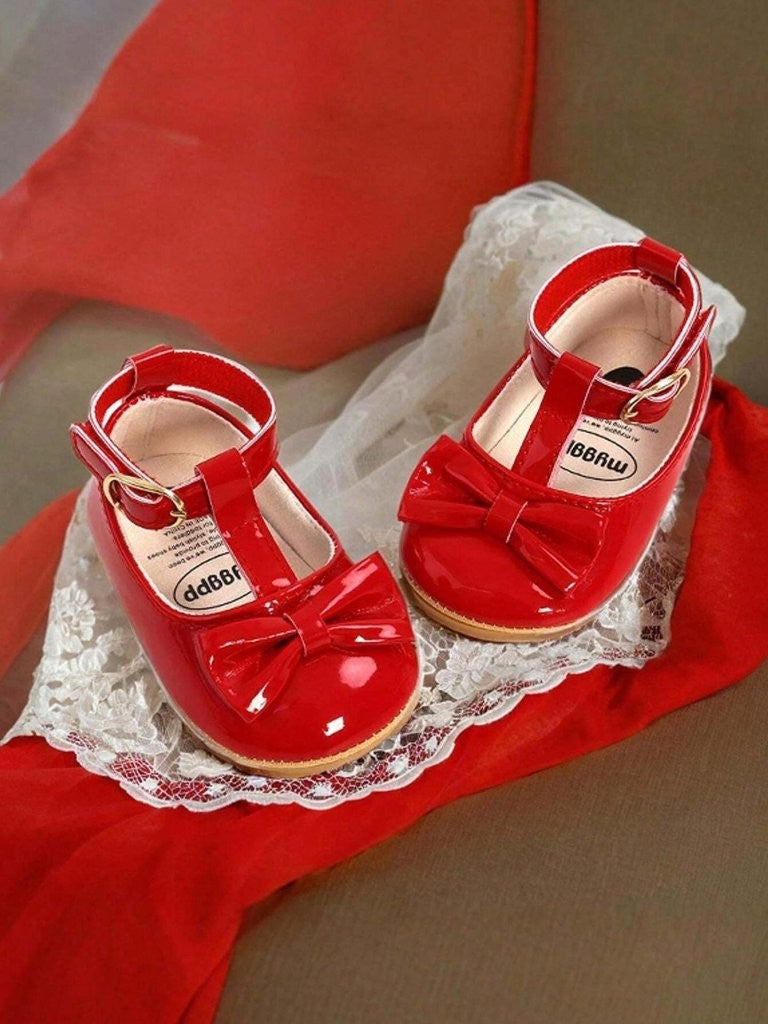 Baby Red Ankle Strap Bow Shoes
