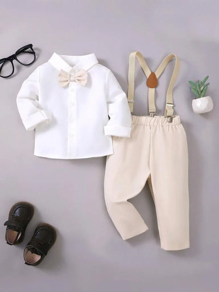 Baby 3 Piece Bow Tie Long Sleeve Suspender Outfit Apricot