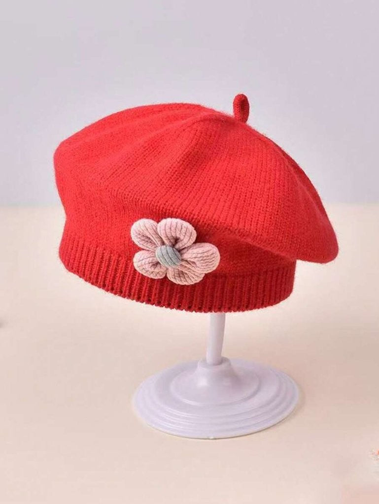 Baby Girls Flower Knitted Beret Red