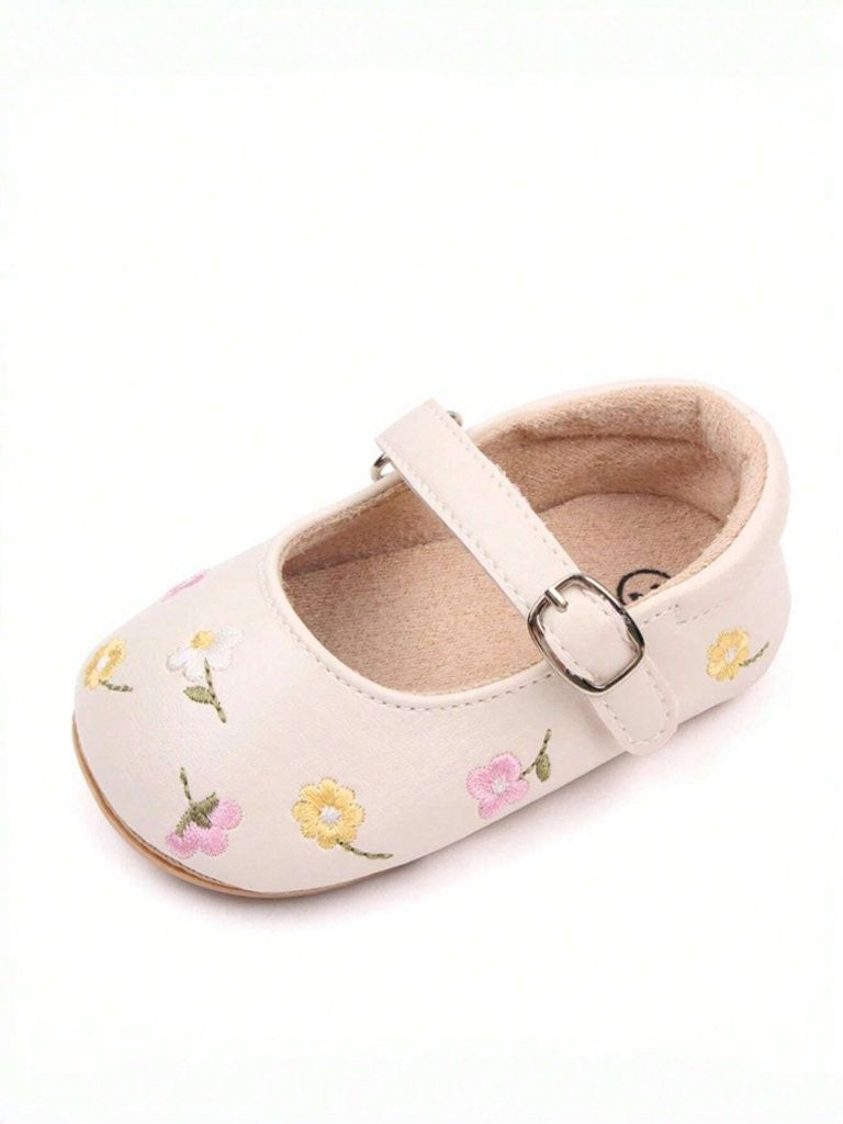 Baby Embroidered Floral Buckle Strap Leather Shoes