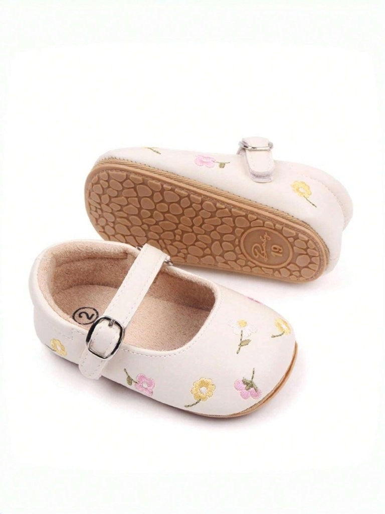 Baby Embroidered Floral Buckle Strap Leather Shoes