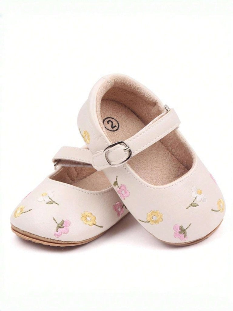 Baby Embroidered Floral Buckle Strap Leather Shoes