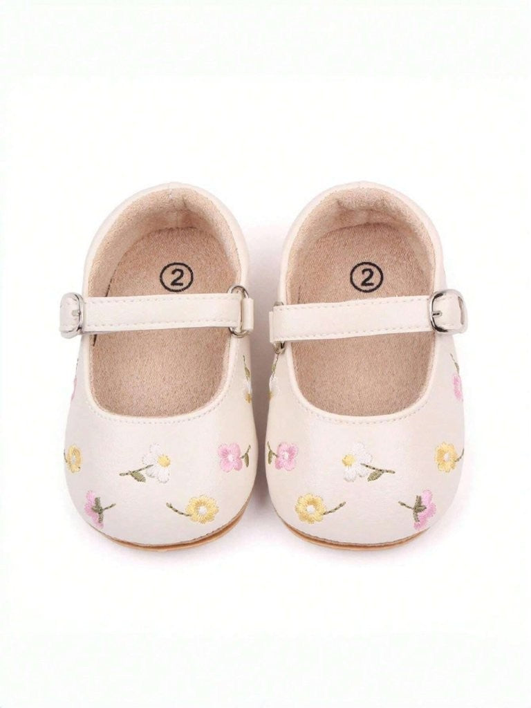 Baby Embroidered Floral Buckle Strap Leather Shoes