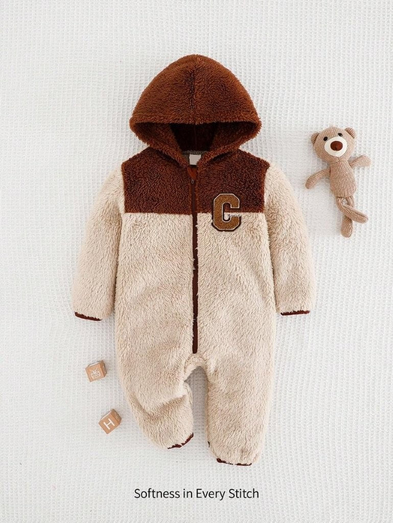 Baby Letter Print Hooded Fuzzy Jumpsuit