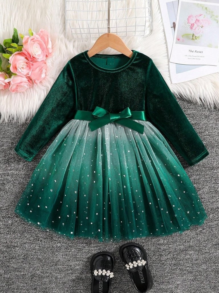Toddler Girls Green Star Sparkle Velvet Dress