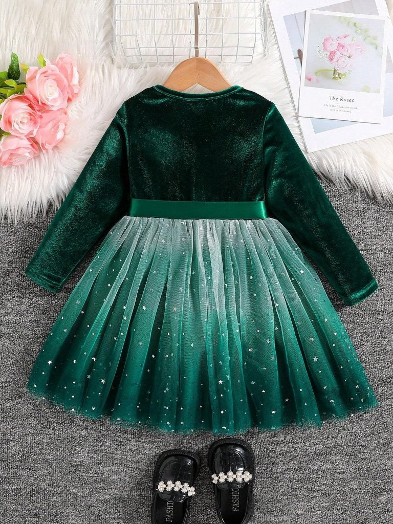 Toddler Girls Green Star Sparkle Velvet Dress