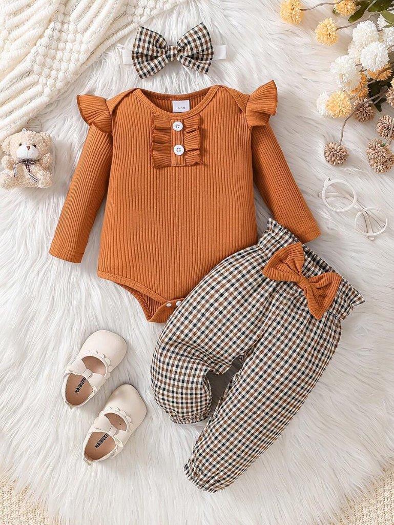 Baby Ribbed Ruffle Bodysuit And Plaid Pants Set