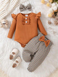 Baby Ribbed Ruffle Bodysuit And Plaid Pants Set