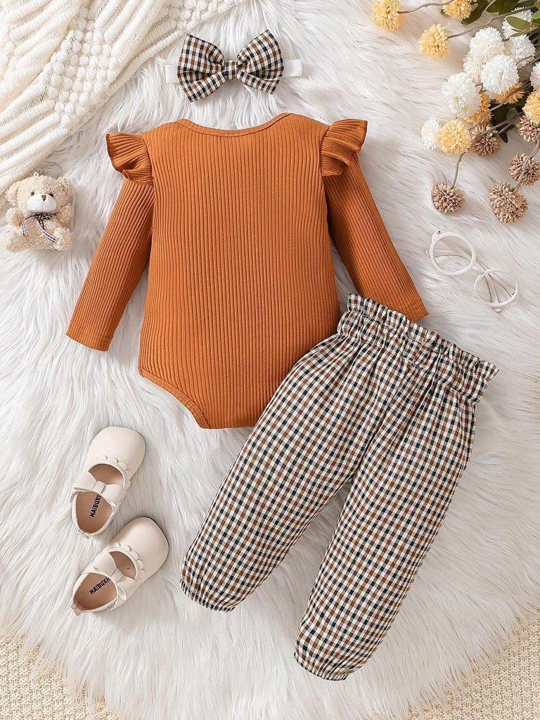 Baby Ribbed Ruffle Bodysuit And Plaid Pants Set