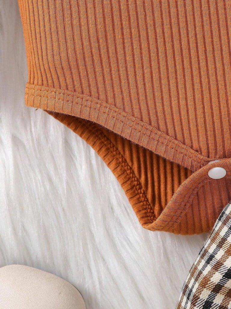 Baby Ribbed Ruffle Bodysuit And Plaid Pants Set