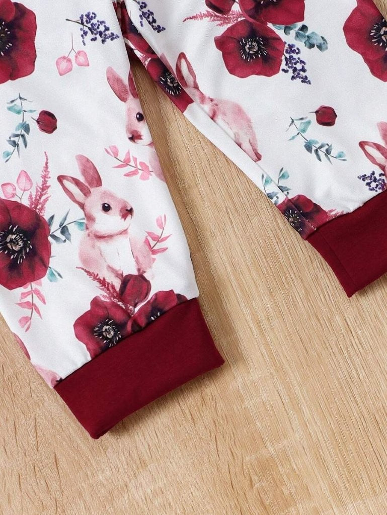 Baby Hooded Bunny Print Pullover And Pants Set