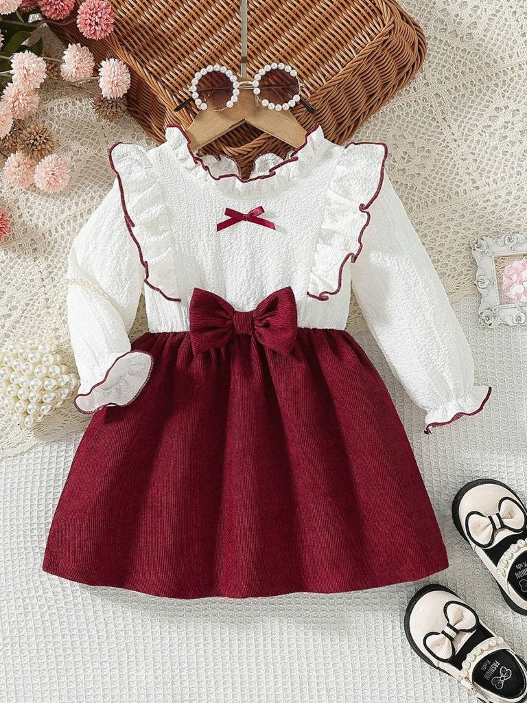 Baby Corduroy Front Bow Dress Burgundy