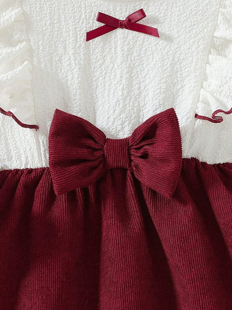 Baby Corduroy Front Bow Dress Burgundy