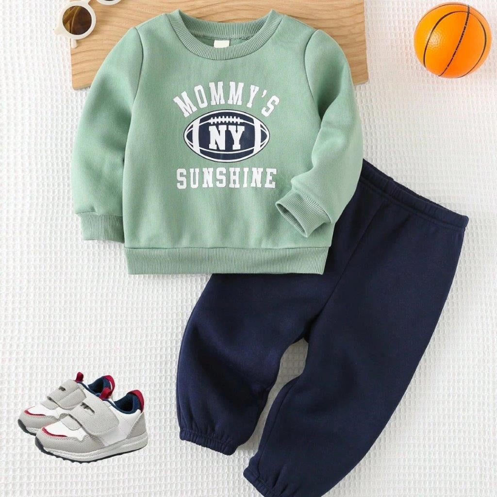 Baby Green Letter Print Pullover And Pants Set